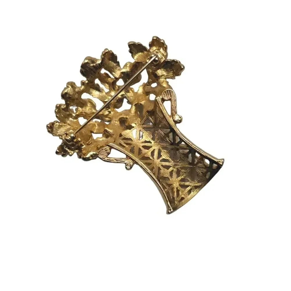 Clear Rhinestone Tall Vase Roses Flowers Brooch Pin Gold Tone Vintage